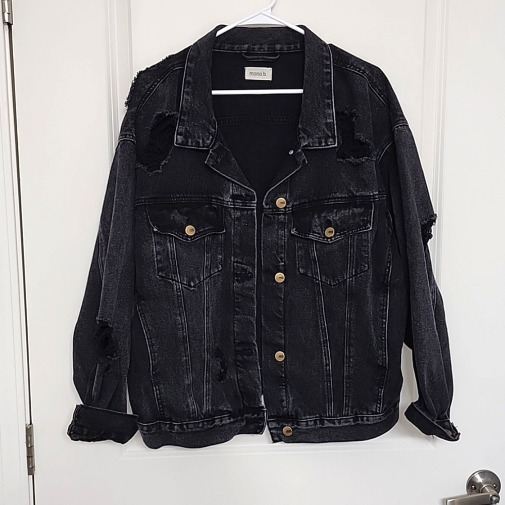 Black, distressed, oversized, denim, jacket.
